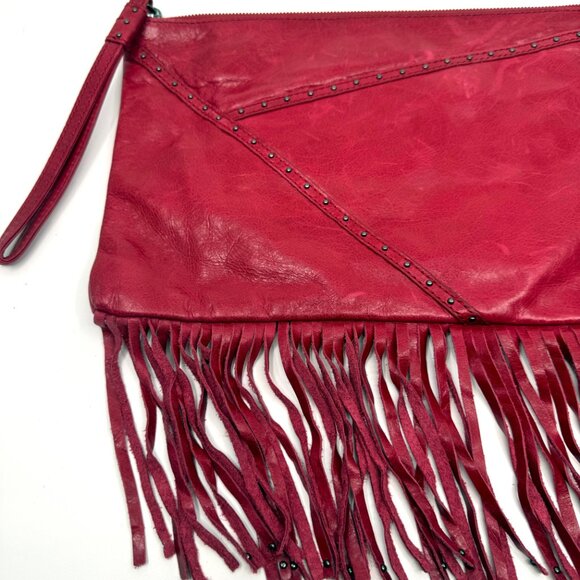 HOBO Red Leather Wristlet Clutch with Studs & Fringe Detail Excellent Condition - Picture 3 of 12